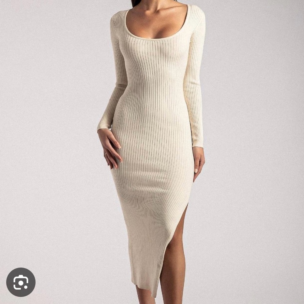 Cali Long Sleeve Knit Midi Dress - Cream - Meshki